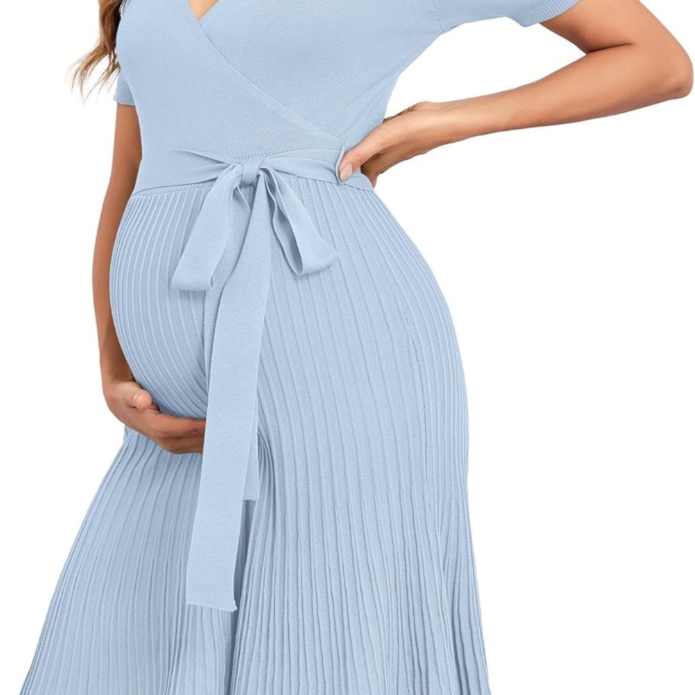 Chic Light Blue Wrap Maternity Dress